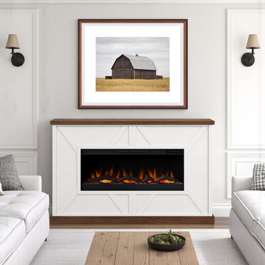 66 inch Liberty Farmhouse Electric Fireplace Mantel White/Bourbon - Transitional